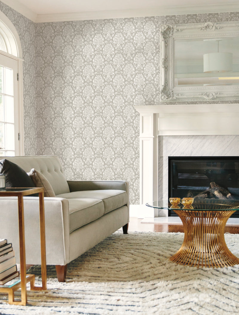 media image for Block Print Damask Wallpaper in Grey from the Handpainted Traditionals Collection by York Wallcoverings 218