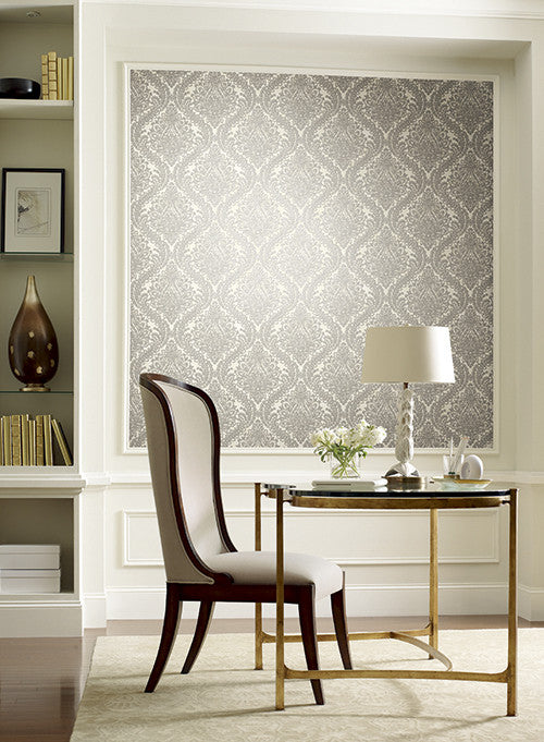 media image for Tattersall Damask Wallpaper in Silver and Grey by Antonina Vella for York Wallcoverings 236