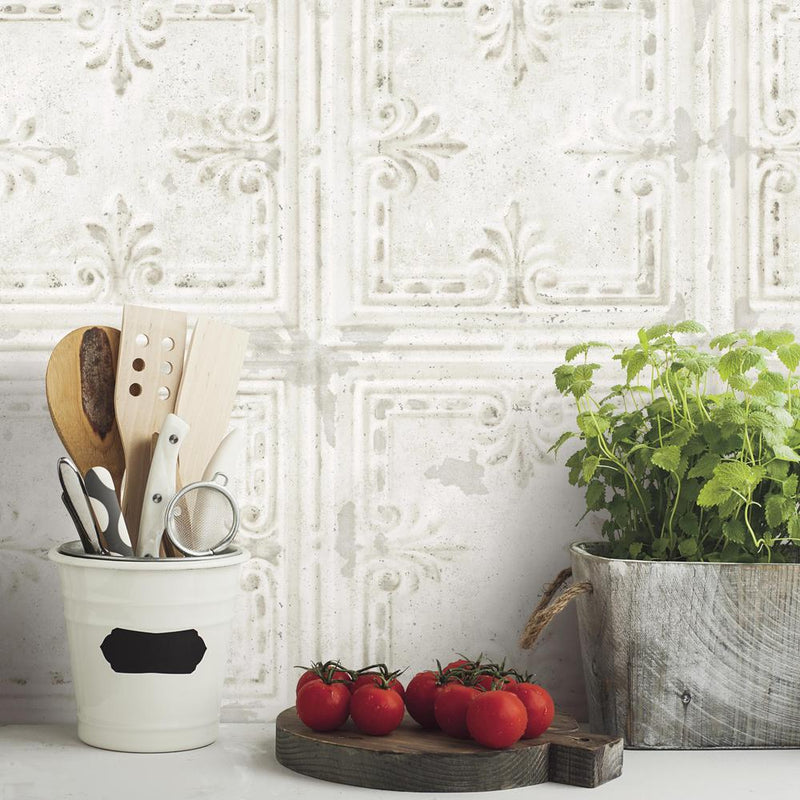 media image for Tin Tile Bloom Peel & Stick Wallpaper in White by RoomMates for York Wallcoverings 214