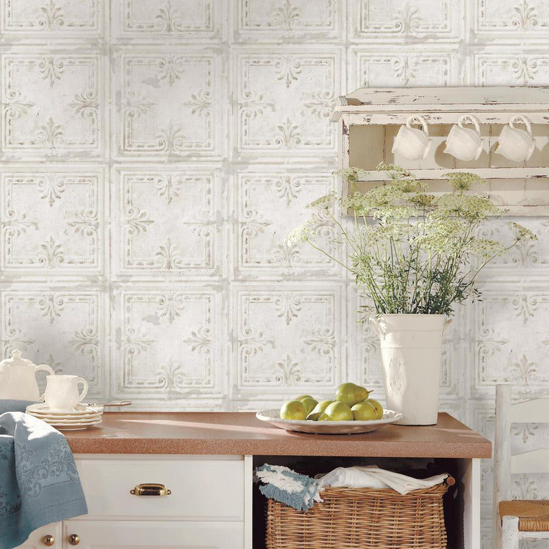 media image for Tin Tile Bloom Peel & Stick Wallpaper in White by RoomMates for York Wallcoverings 267