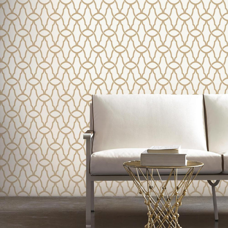 media image for Trellis Peel & Stick Wallpaper in Gold by RoomMates for York Wallcoverings 292