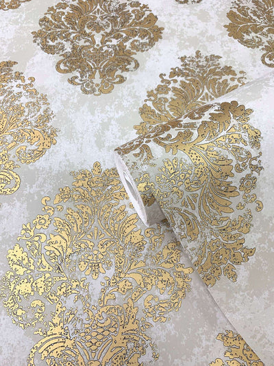 product image for Metallic Damask Mottled Wallpaper in Gold/Beige 44
