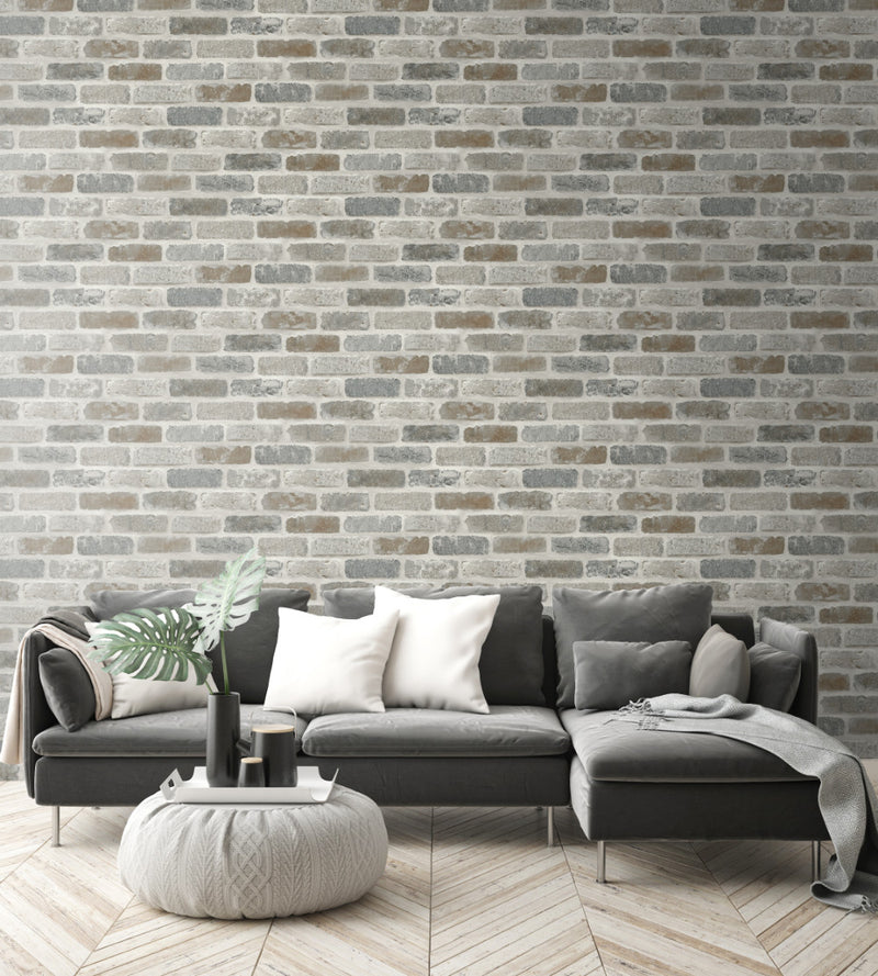 media image for Washed Faux Brick Peel-and-Stick Wallpaper in Neutrals by NextWall 227
