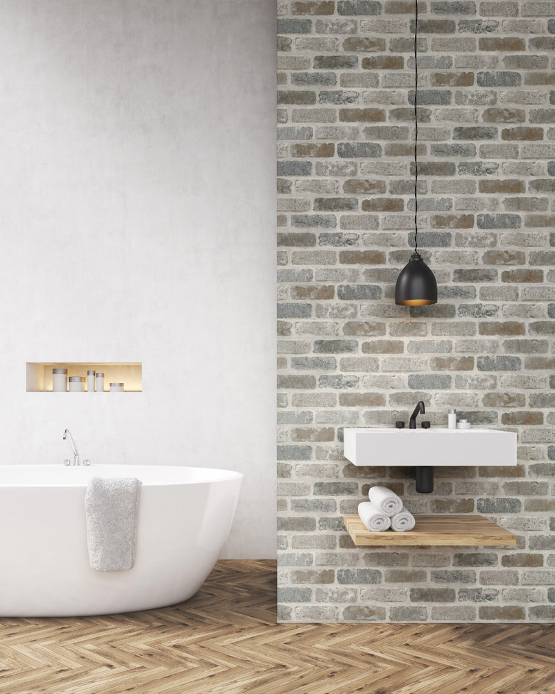 media image for Washed Faux Brick Peel-and-Stick Wallpaper in Neutrals by NextWall 228