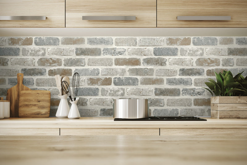 media image for Washed Faux Brick Peel-and-Stick Wallpaper in Neutrals by NextWall 295