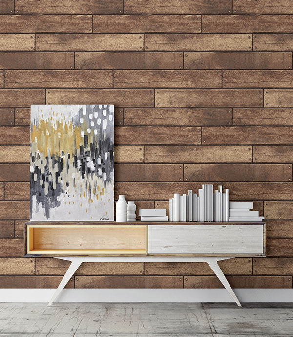 media image for Weathered Brown Nailhead Plank Wallpaper from the Essentials Collection by Brewster Home Fashions 280