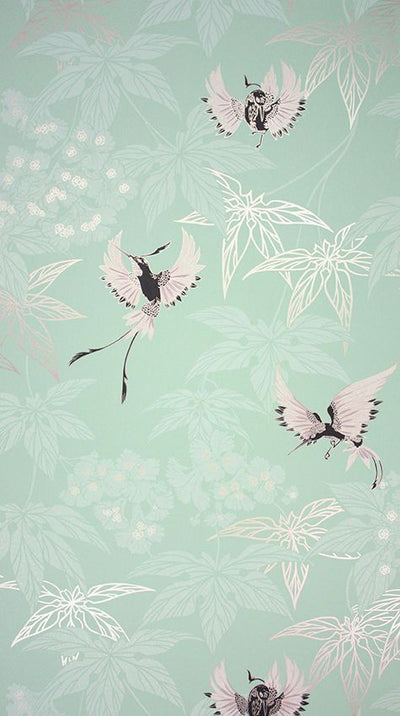 product image of Grove Garden Wallpaper in fresh aqua background and silver accents Color 593