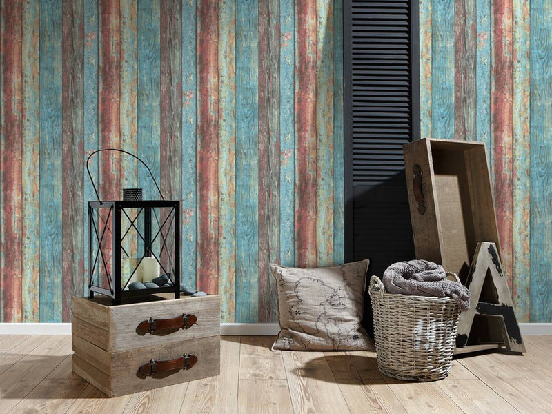 media image for Wood Deco Weathered Wallpaper in Blue Multi 241