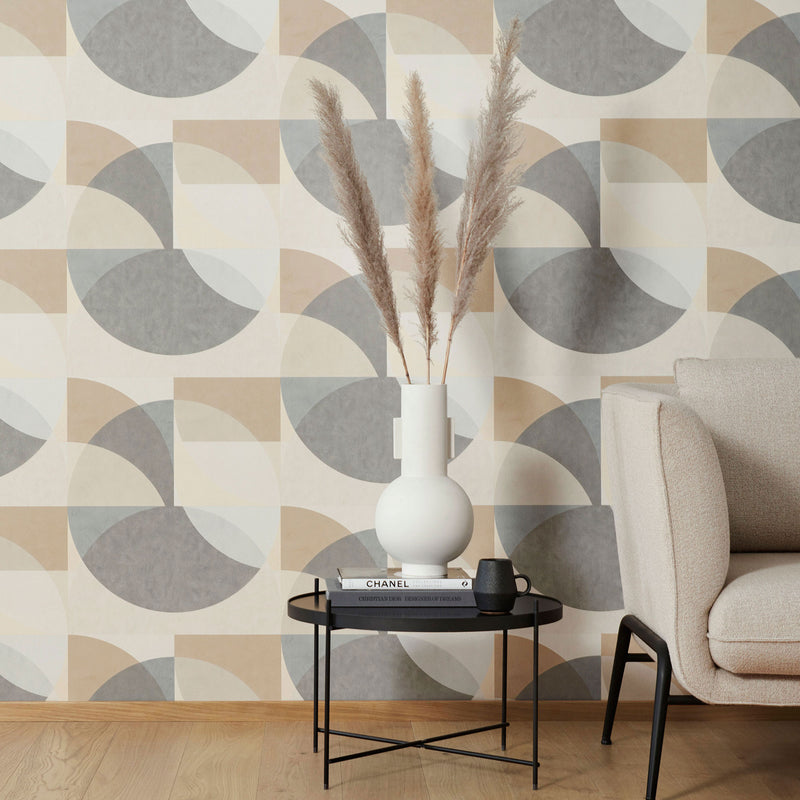 media image for Geometric Circle Graphic Wallpaper in Mustard/Grey/Beige from the ELLE Decoration Collection by Galerie Wallcoverings 275