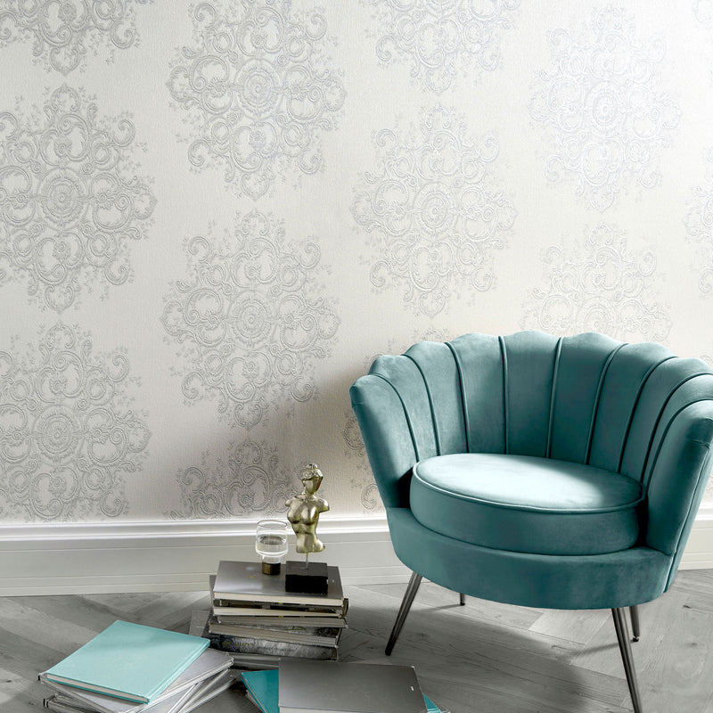 media image for Baroque Damask Wallpaper in Cream/Light Silver from the ELLE Decoration Collection by Galerie Wallcoverings 291
