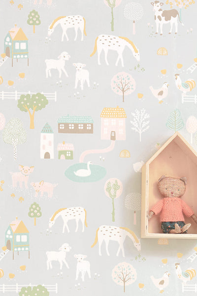 product image for My Farm Soft Grey Wallpaper by Majvillan 91
