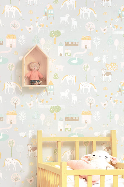 product image for My Farm Soft Grey Wallpaper by Majvillan 60