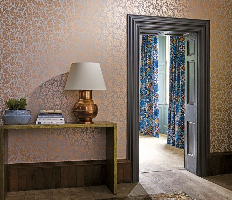 media image for British Isles Damask Wallpaper in silver from the Manarola Collection by Osborne & Little 289