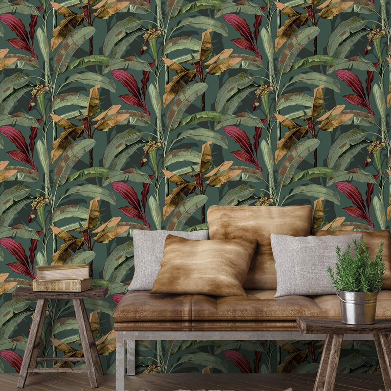 media image for Banana Tree Green/Red Wallpaper from the Into the Wild Collection by Galerie Wallcoverings 249