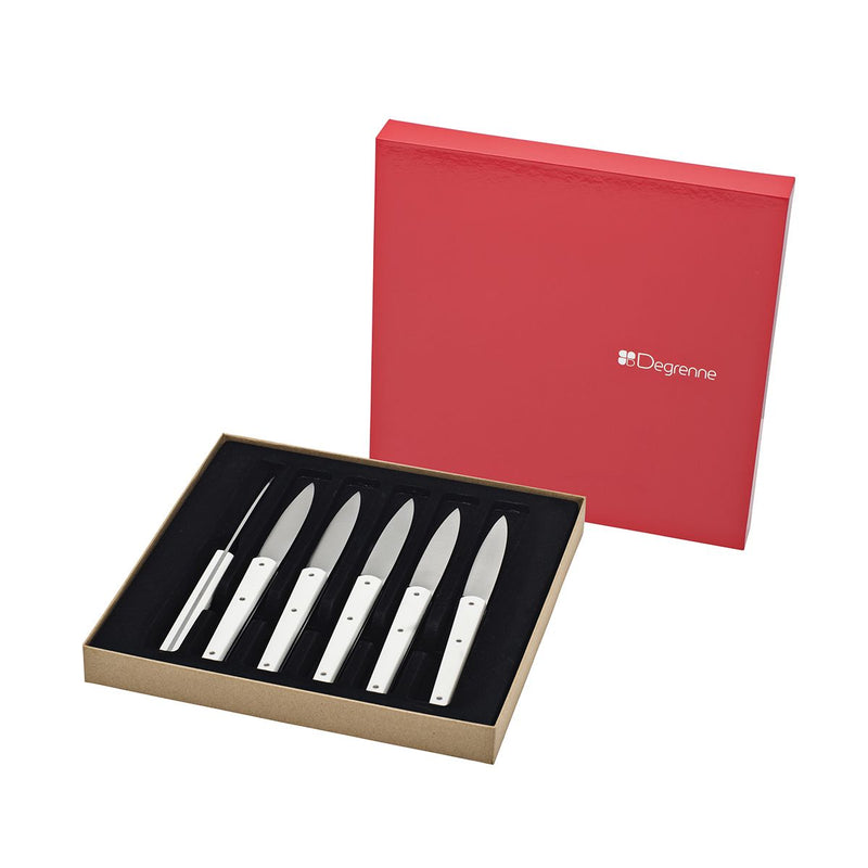 media image for Mirror Mirage Gift Box of 6 Table Steak Knives in White by Degrenne Paris 245