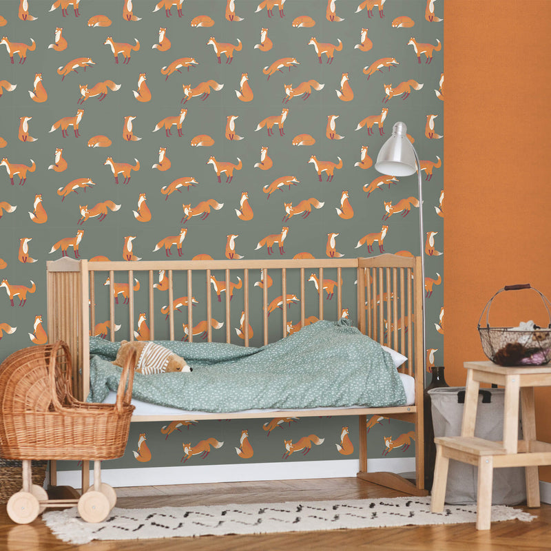 media image for Friendly Foxes Dark Green Wallpaper from the Great Kids Collection by Galerie Wallcoverings 287