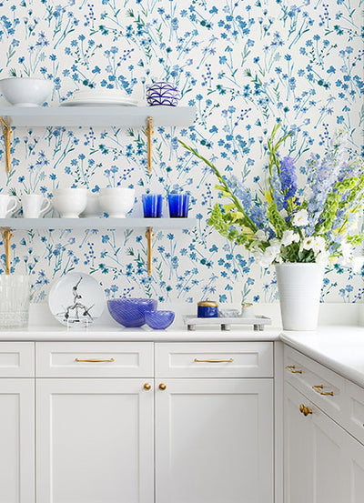 product image for Heidi Blue Watercolor Florals Wallpaper 60