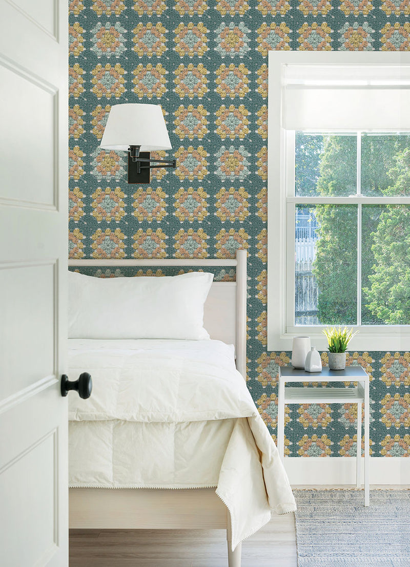 media image for Maud Teal Crochet Geometric Wallpaper from the Thoreau Collection by Brewster 215