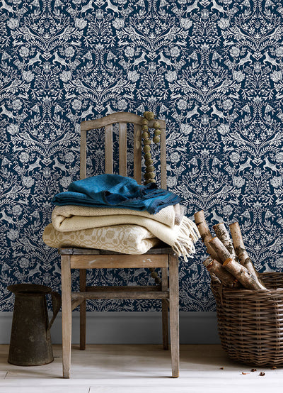 product image for Forest Dance Navy Damask Wallpaper from the Thoreau Collection by Brewster 30