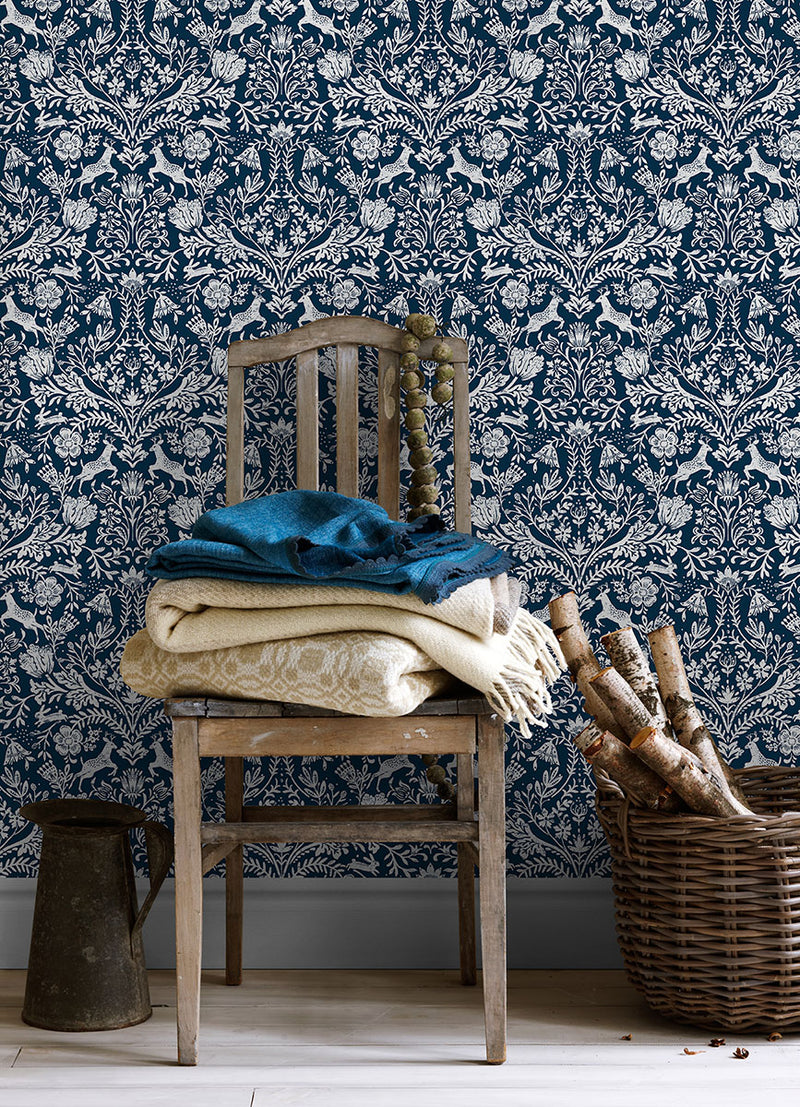 media image for Forest Dance Navy Damask Wallpaper from the Thoreau Collection by Brewster 227