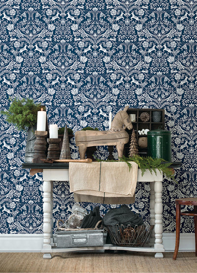 product image for Forest Dance Navy Damask Wallpaper from the Thoreau Collection by Brewster 62