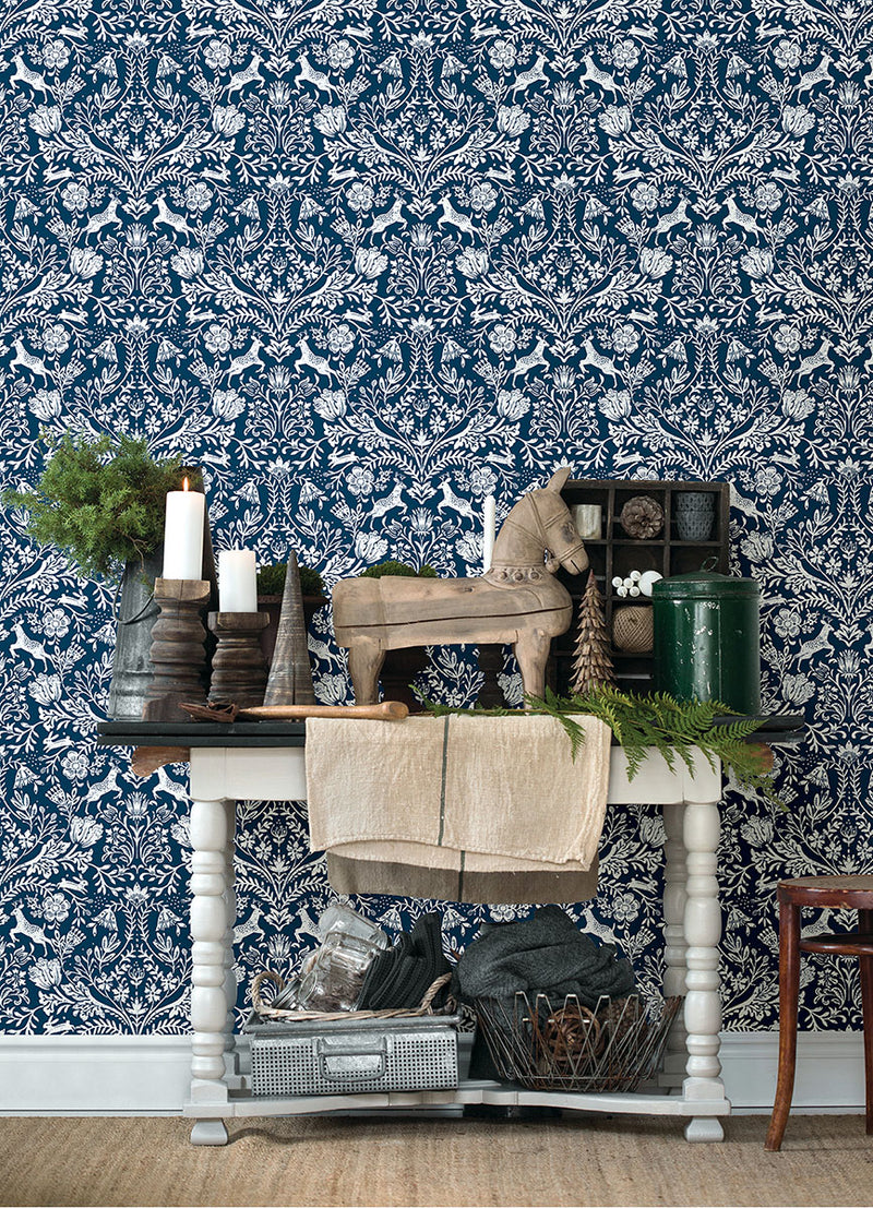 media image for Forest Dance Navy Damask Wallpaper from the Thoreau Collection by Brewster 29