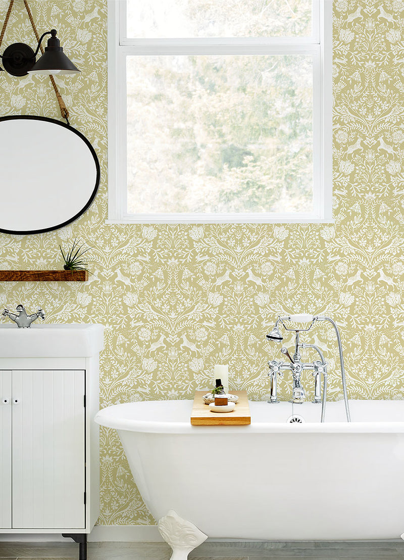 media image for Forest Dance Honey Damask Wallpaper from the Thoreau Collection by Brewster 224
