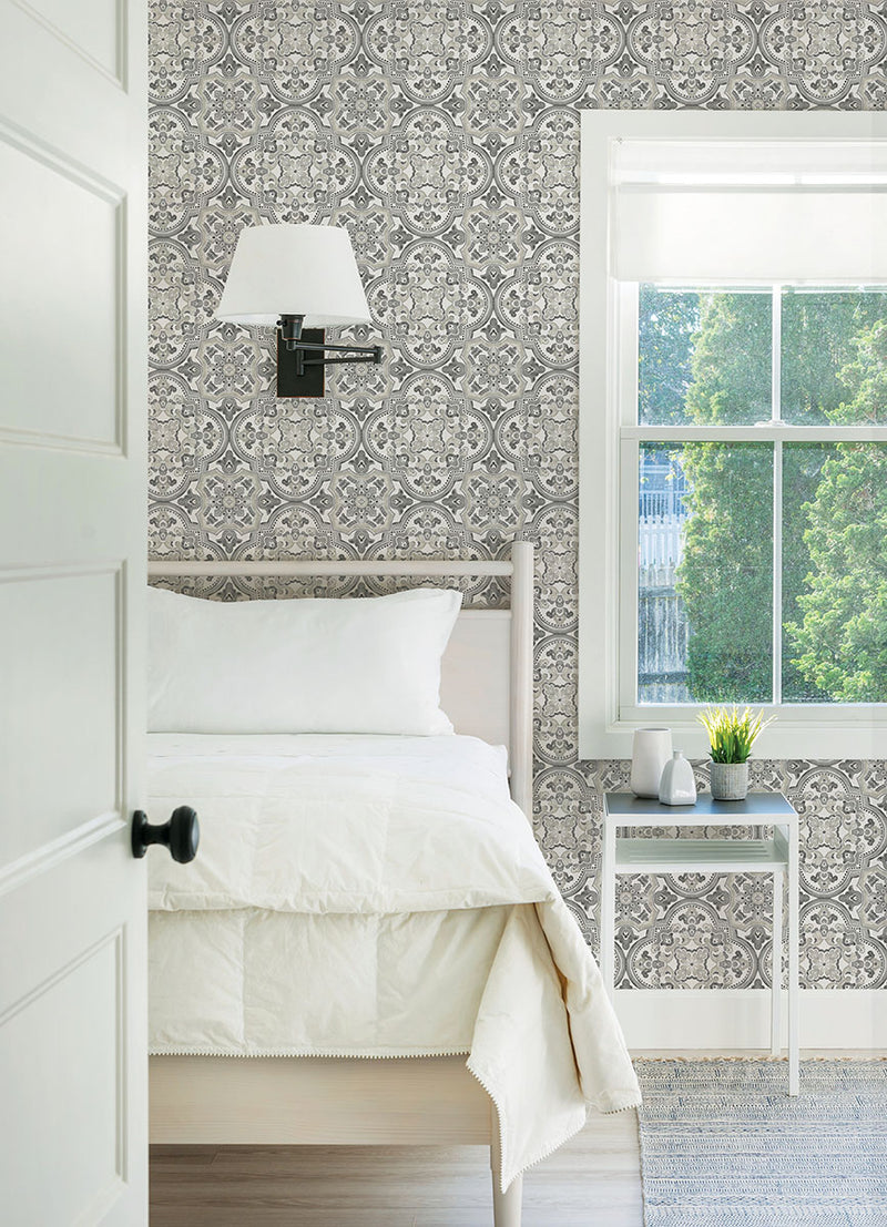 media image for Concord Black Medallion Wallpaper from the Thoreau Collection by Brewster 240