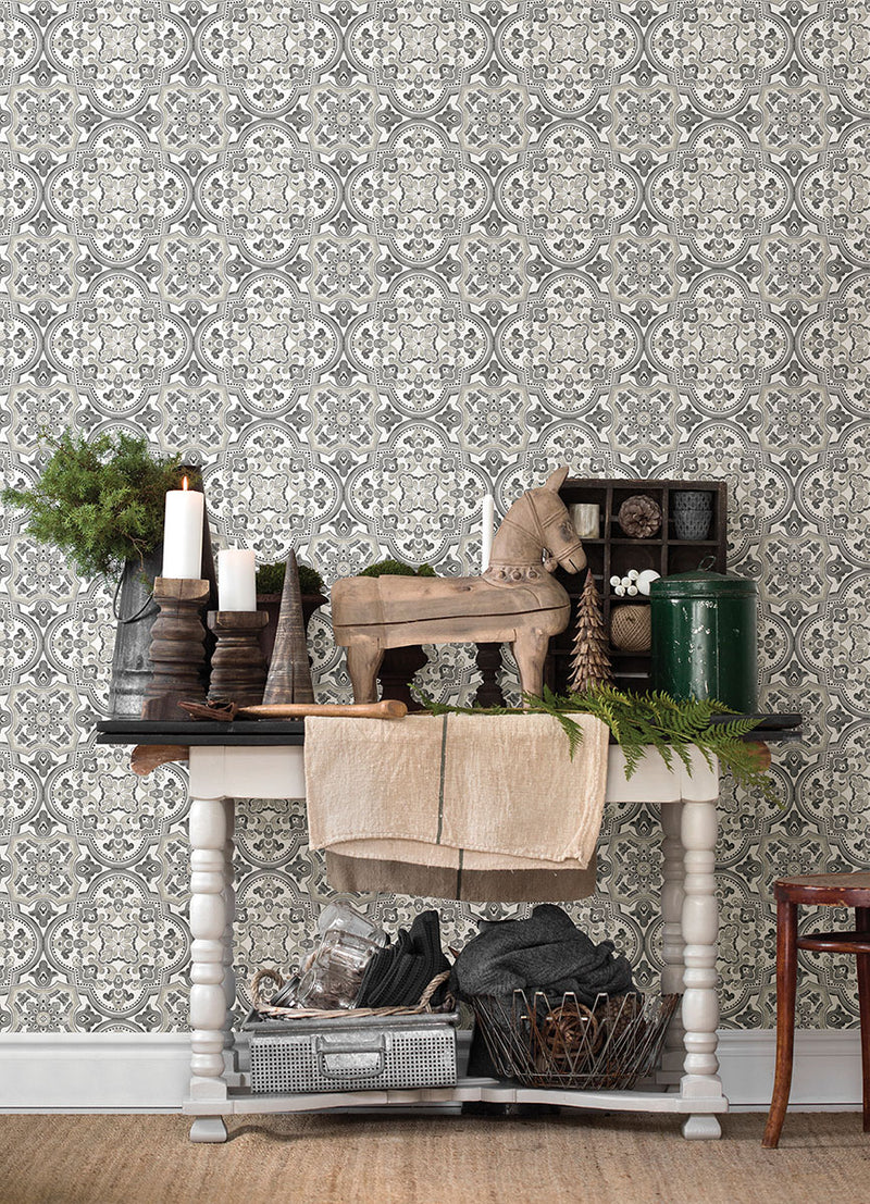 media image for Concord Black Medallion Wallpaper from the Thoreau Collection by Brewster 289