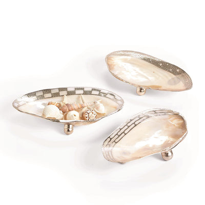 product image of set of 3 ornamented cabebe shell footed dish w silver plated trim design by twos company 1 565