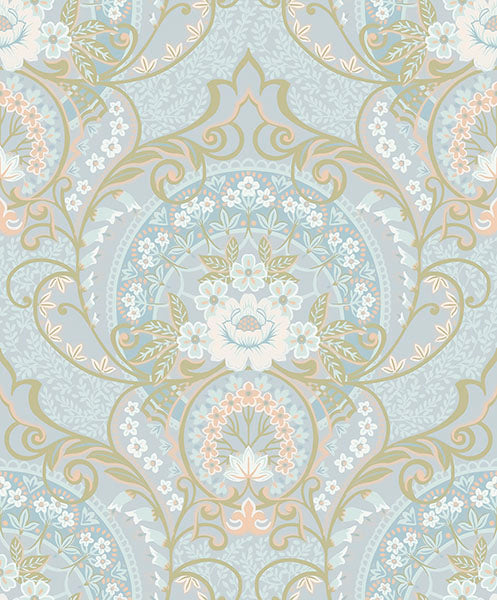 media image for Nasrin Light Blue Damask Wallpaper from the Posy Collection by Brewster 265
