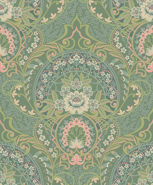 media image for Nasrin Sea Green Damask Wallpaper from the Posy Collection by Brewster 255