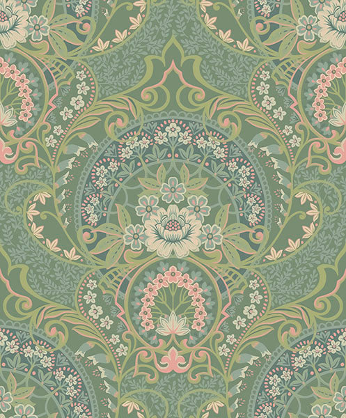 media image for Nasrin Sea Green Damask Wallpaper from the Posy Collection by Brewster 255