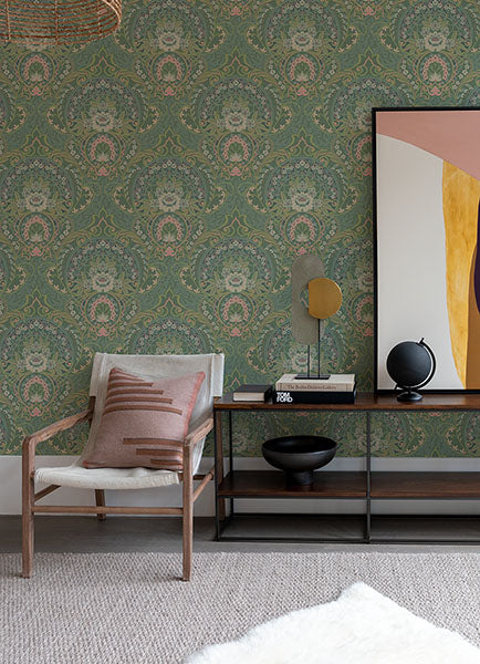 media image for Nasrin Sea Green Damask Wallpaper from the Posy Collection by Brewster 216