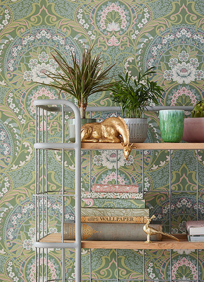 product image for Nasrin Sea Green Damask Wallpaper from the Posy Collection by Brewster 36