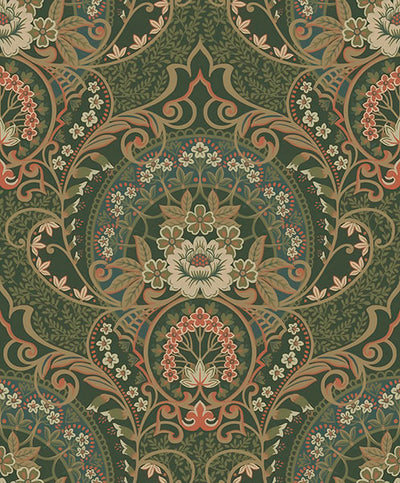 product image of sample nasrin dark green damask wallpaper from the posy collection by brewster 1 523