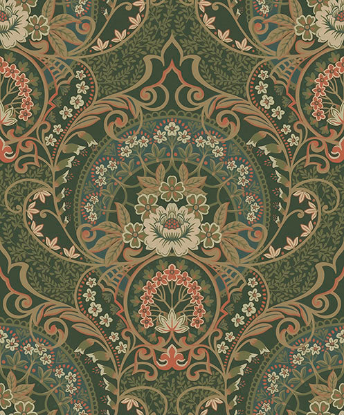 media image for sample nasrin dark green damask wallpaper from the posy collection by brewster 1 270
