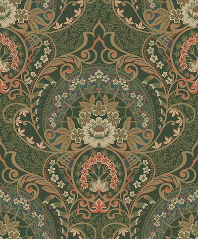 product image of Nasrin Dark Green Damask Wallpaper from the Posy Collection by Brewster 59