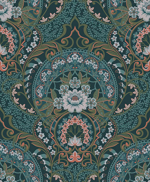media image for Nasrin Blueberry Damask Wallpaper from the Posy Collection by Brewster 283