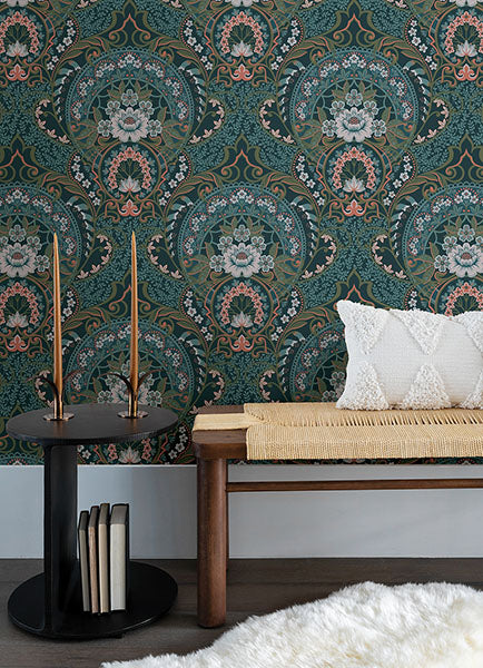 media image for Nasrin Blueberry Damask Wallpaper from the Posy Collection by Brewster 239
