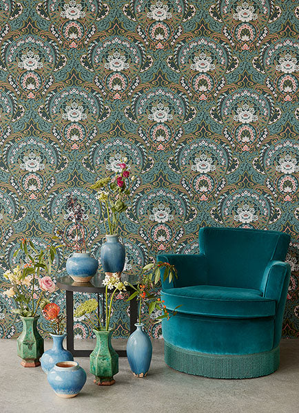media image for Nasrin Blueberry Damask Wallpaper from the Posy Collection by Brewster 226