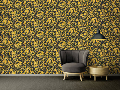 product image for Classic Scrollwork Damask Butterflies Textured Wallpaper in Black/Gold 30