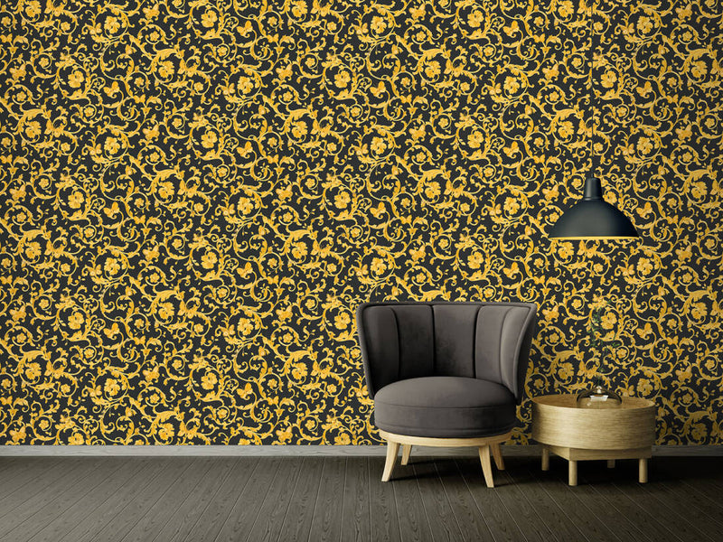 media image for Classic Scrollwork Damask Butterflies Textured Wallpaper in Black/Gold 21