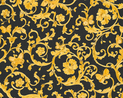 product image of Classic Scrollwork Damask Butterflies Textured Wallpaper in Black/Gold 582