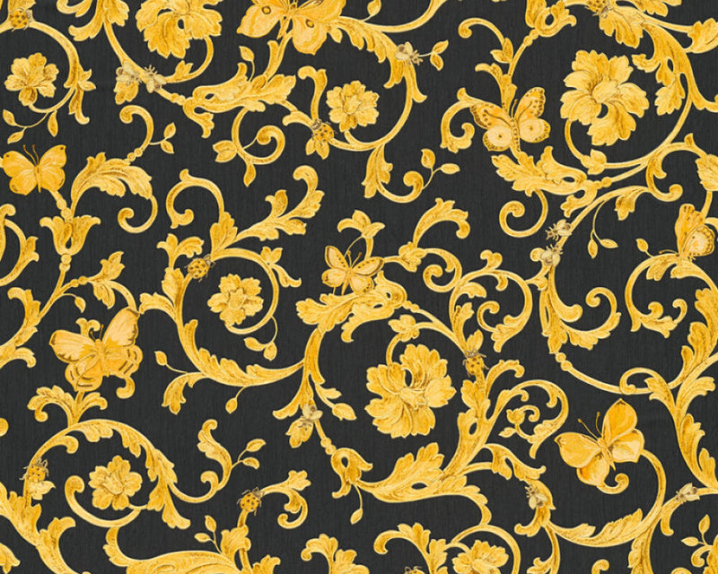media image for Classic Scrollwork Damask Butterflies Textured Wallpaper in Black/Gold 263