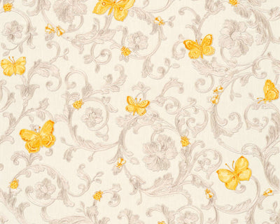 product image of Classic Scrollwork Damask Butterflies Textured Wallpaper in Cream/Yellow 572