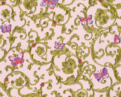 product image of Classic Scrollwork Damask Butterflies Textured Wallpaper in Pink/Gold 575