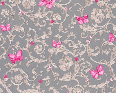 product image for Classic Scrollwork Damask Butterflies Textured Wallpaper in Grey/Purple 43