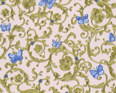 product image for Classic Scrollwork Damask Butterflies Textured Wallpaper in Blue/Pink 13