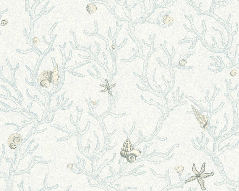 media image for Floral Corals Seashells Textured Wallpaper in Blue/Metallic 278